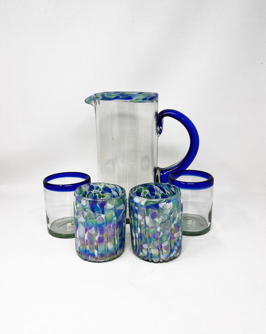 64 oz Hand Blown Glass Pitcher - Tall Aegean Blue Rim