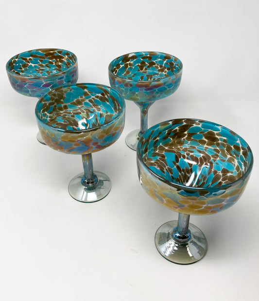 Hand Blown Margarita Glass - Blue Chocolate Iridescent Confetti