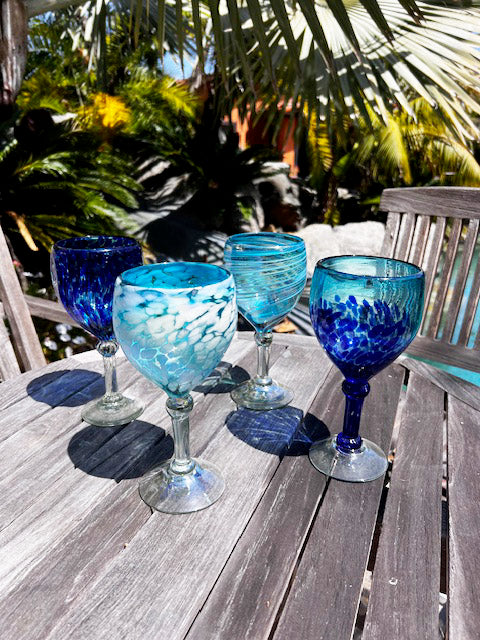 4 Hand Blown Wine Glasses - The Blues 24 Collection