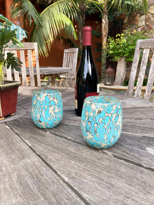 Stemless Wine Glass - Teal/Tan Confetti