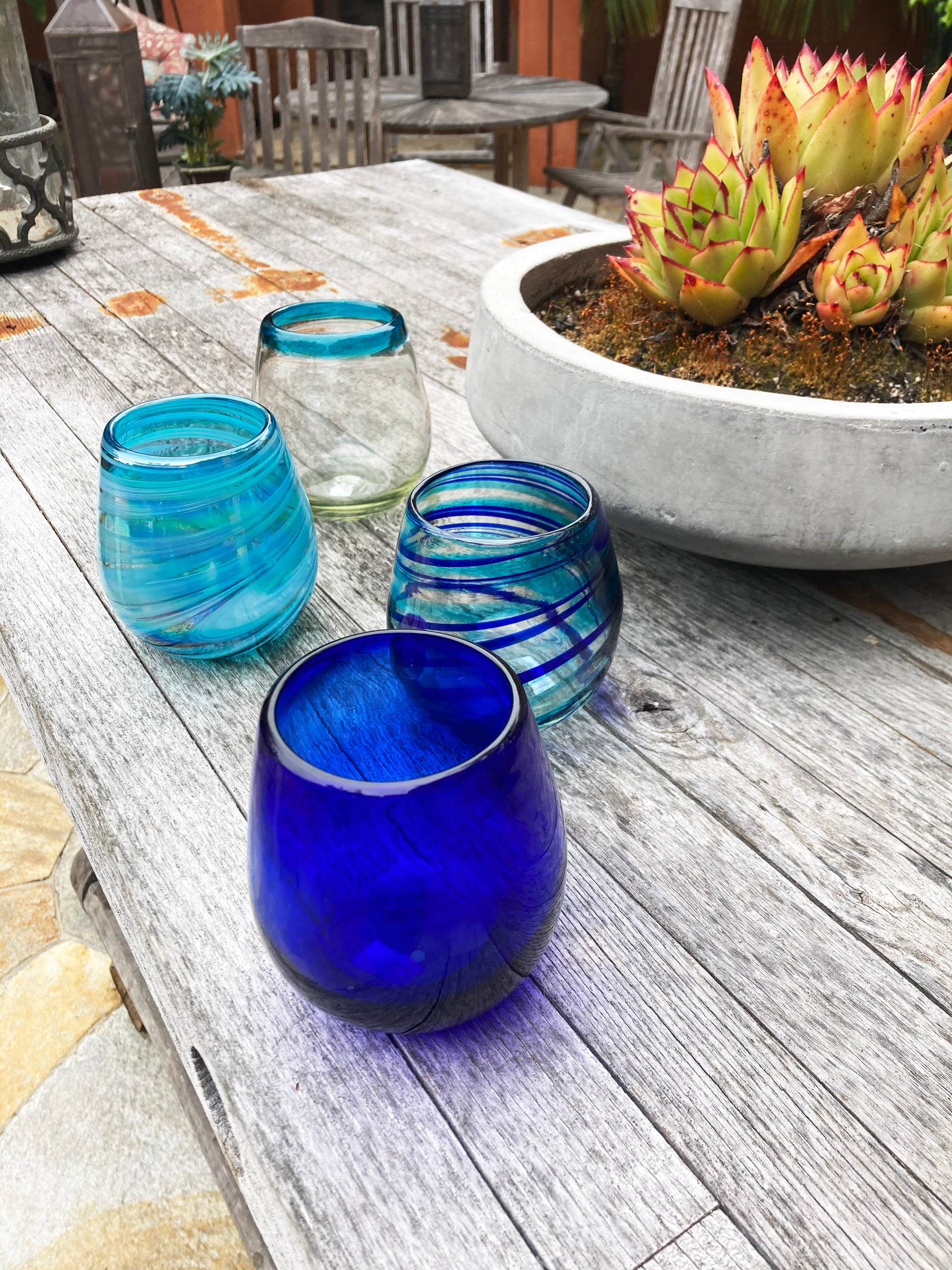 Hand Blown Stemless Wine Glass - Blue/Green Swirl