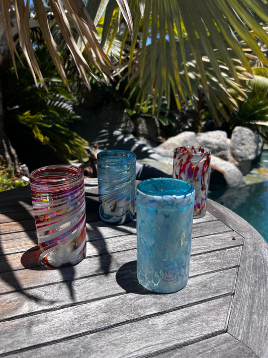 4 Hand Blown Water Glasses - Red Blue and You Too Collection (Iridescent)