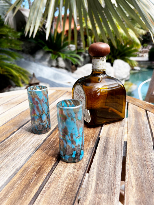 Hand Blown Shot Glass - Blue Chocolate Iridescent Confetti