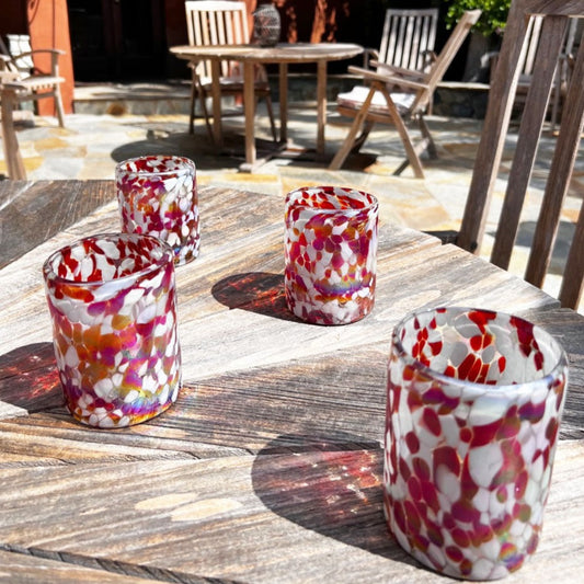 Hand Blown Low Ball Tumbler Glass - Red/White Iridescent Confetti