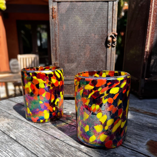 Hand Blown Low Ball Tumbler Glass - Red/Orange Iridescent Confetti