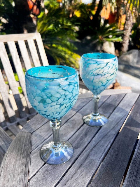 Hand Blown Wine Glass - Blue Ice (Iridescent)