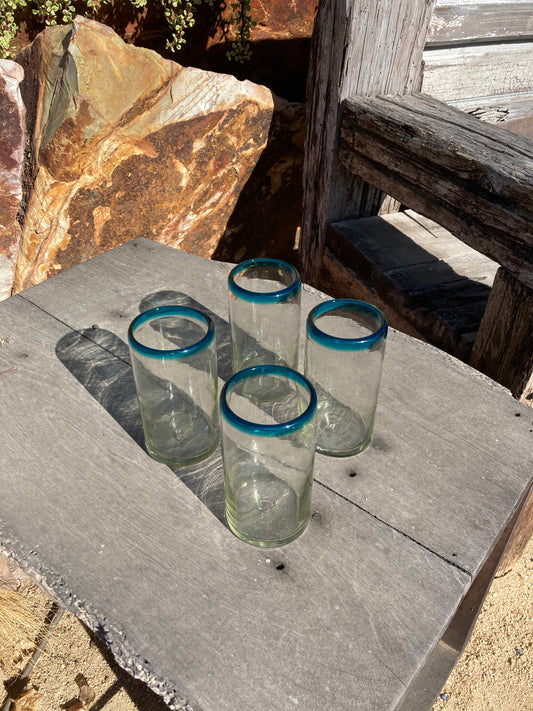 Hand Blown Water Glass - Turquoise Rim