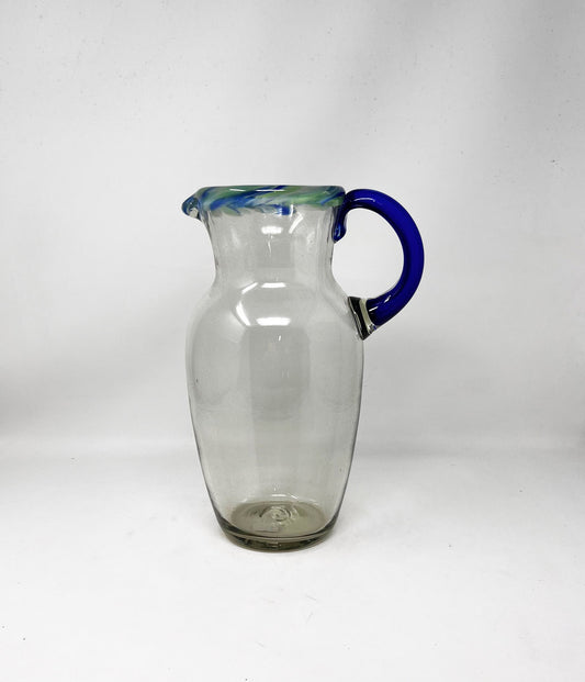 80 oz Hand Blown Glass Pitcher - Tall Curved Aegean Blue Rim