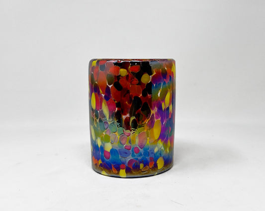 Hand Blown Low Ball Tumbler Glass - Red/Orange Iridescent Confetti