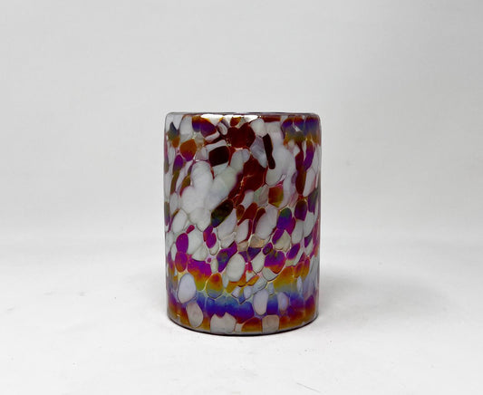 Hand Blown Low Ball Tumbler Glass - Red/White Iridescent Confetti