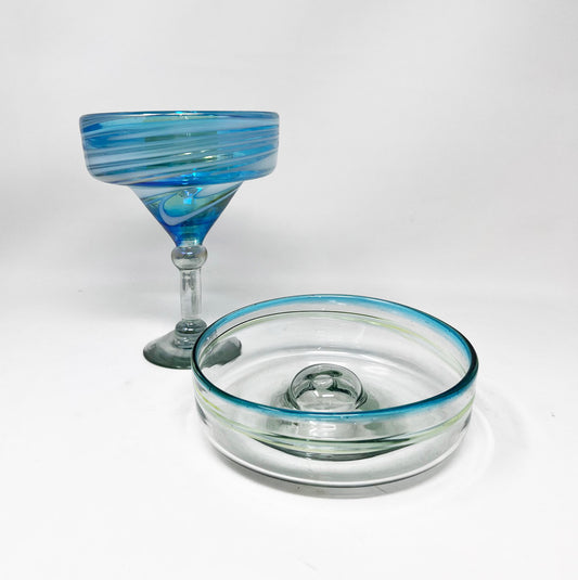 Hand Blown Salt Rimmer Tray - Turquoise Rim