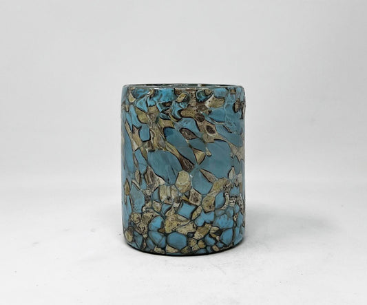 Hand Blown Low Ball Tumbler Glass - Teal/Tan Confetti