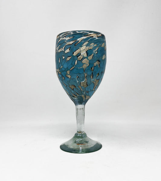 Hand Blown Wine Glass - Teal/Tan Confetti