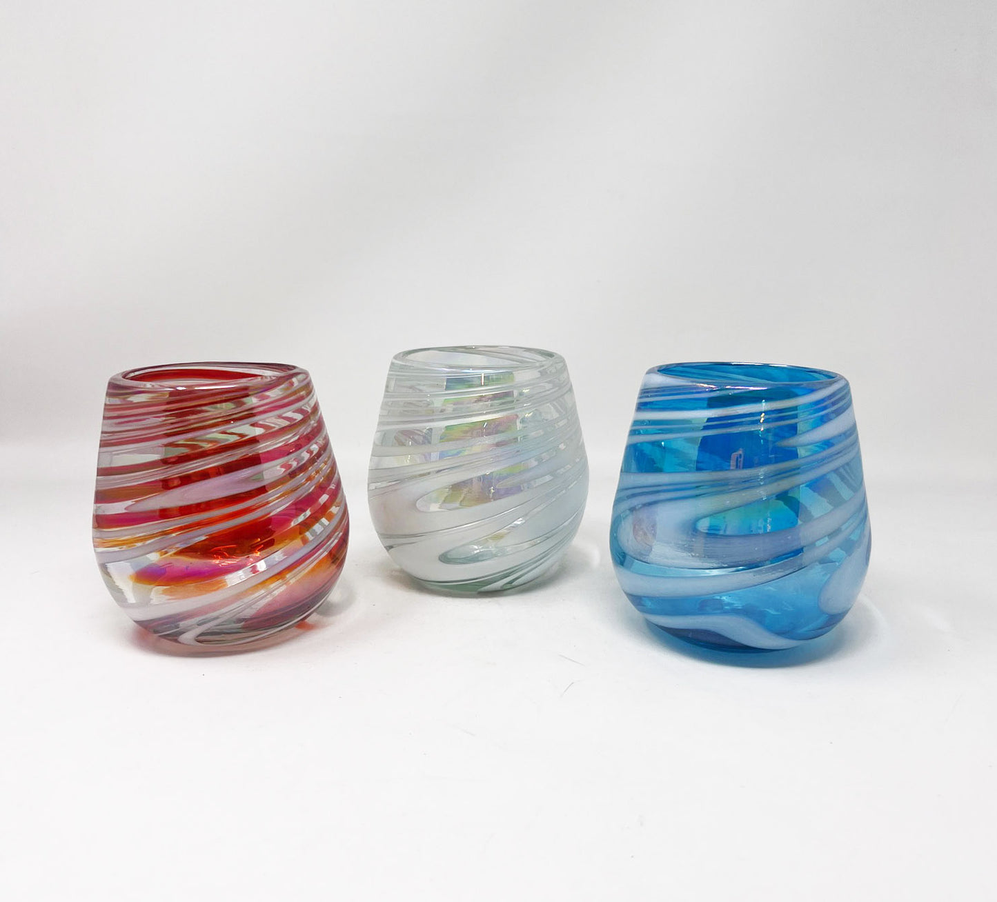 3 Hand Blown Stemless Wine Glasses - Red Blue and You II Collection (Iridescent)