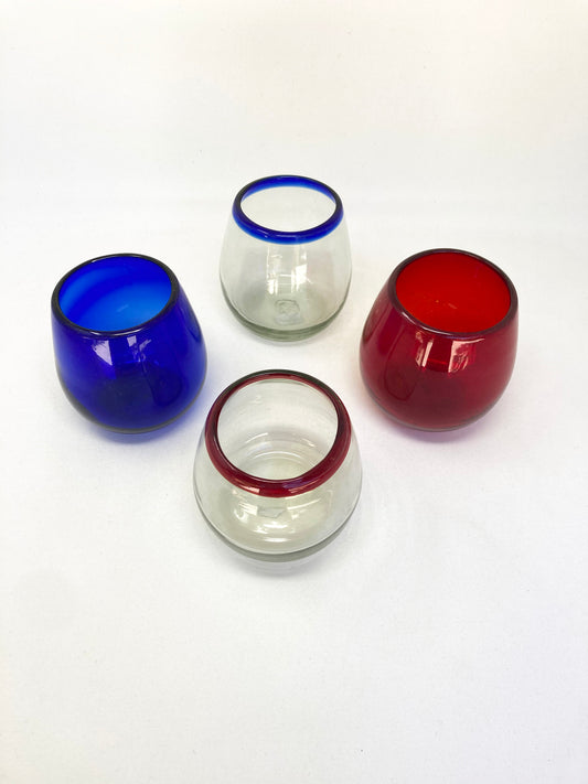 4 Handblown Stemless Wine Glasses -  Red, Blue and You Collection